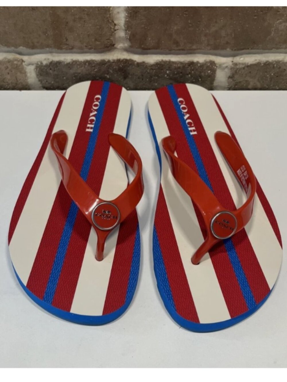 COACH Zayn Red Rubber Flip Flops Striped Footbed Size 9B NEW NWOT